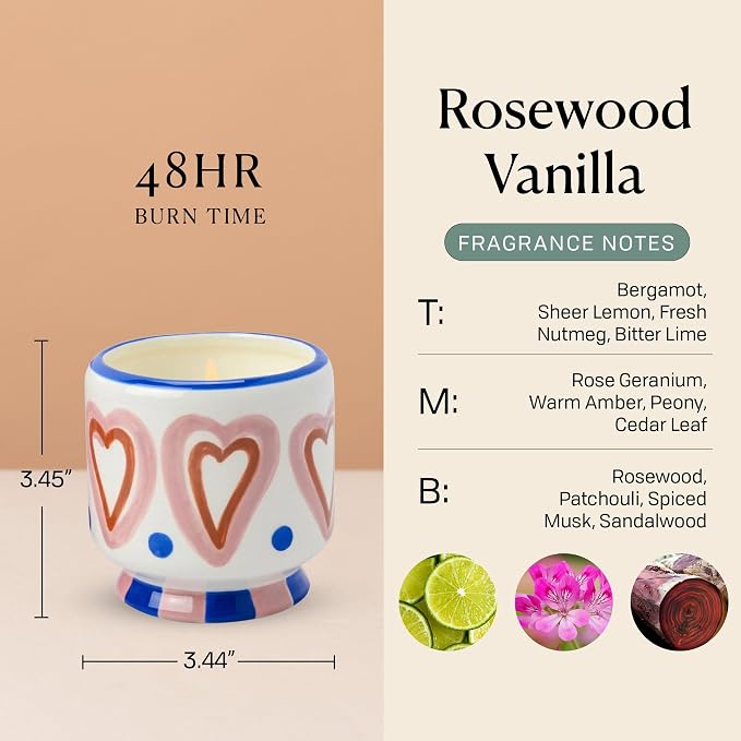 Paddywax Scented Candles Dopo Hand-Painted Ceramic Luxury Artisan Candle, 8-Ounce, Hearts - Rosewood Vanilla