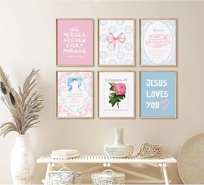 Christian Wall Art Decor Bible Verses Poster Girl Preppy Canvas Room Decor Pink Blue Scripture Wall Art Coquette Floral Bow Aesthetic Prints Trendy Artwork for Girl Bedroom 8x10x6 Inch Unframed