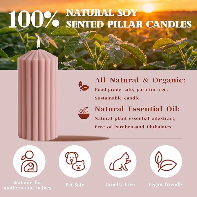 Pink Ribbed Pillar Candle Set of 3 - Wild Bluebell Scented Soy Wax Candle,Aesthetic Decorative Textured Pillar for Home Decor-2.8x4,6,8in Long Lasting Fragrance for Home Decor,Gifts,Spa,Wedding