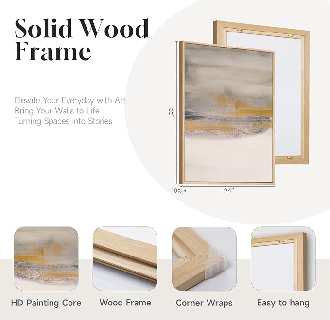 Framed Large Neutral Abstract Wall Art, Set of 3 Canvas Modern Prints Paintings, Minimalist Landscape Beige Gray Picture Artwork Decor for Living Room Bedroom Office 24x36 Inch