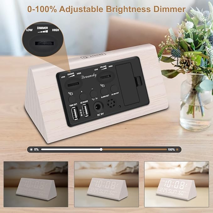 DreamSky Digital Alarm Clocks for Bedrooms - Wooden Desk Clock with Date, Day of Week, USB Port, Temperature, Dimmer for Bedside Table, Living Room, Office, Adjustable Volume, Auto DST, Wood Decor