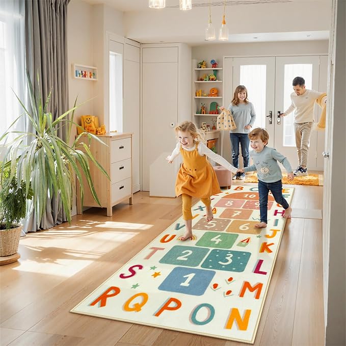 STARUIA Washable Hopscotch Rug for Indoor Playroom, Colorful Educational Kids Rug with ABC Number, Non Slip Boy Girl Play Carpet for Kids Room Bedroom Nursery Daycare Classroom（Beige, 31.5''x72''）