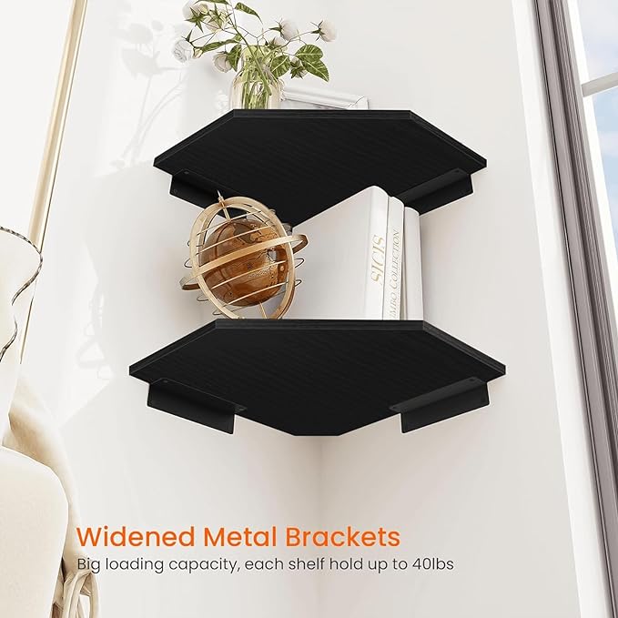 Homode Corner Shelf Wall Mount, Set of 2 Corner Floating Shelves with Wire Hole for TV, Cable Box, Wood Hanging Storage Shelf Organizer for Bathroom Kitchen Living Room Bedroom, Black