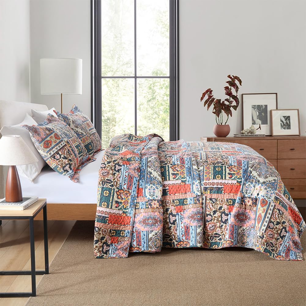 Cotton Bedspread Quilt Sets Reversible Coverlet Sets Comforters Vintage Bohemian Patchwork Bedspread Bedding Sets,Gorgeous Bohemian Floral,Queen Size