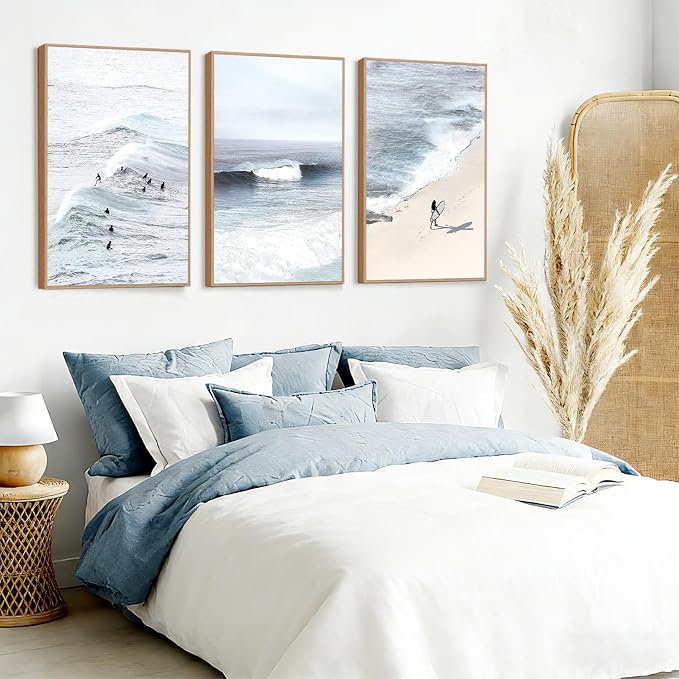 CHDITB Surfing Framed Canvas Wall Art, Seaside Ocean Surf Wall Decor, Modern Beach Surfboard Artwork, Summer Tropical Sea Painting for Beachy Bedroom Dining Room Surfer Room Decoration 24"x36"X3