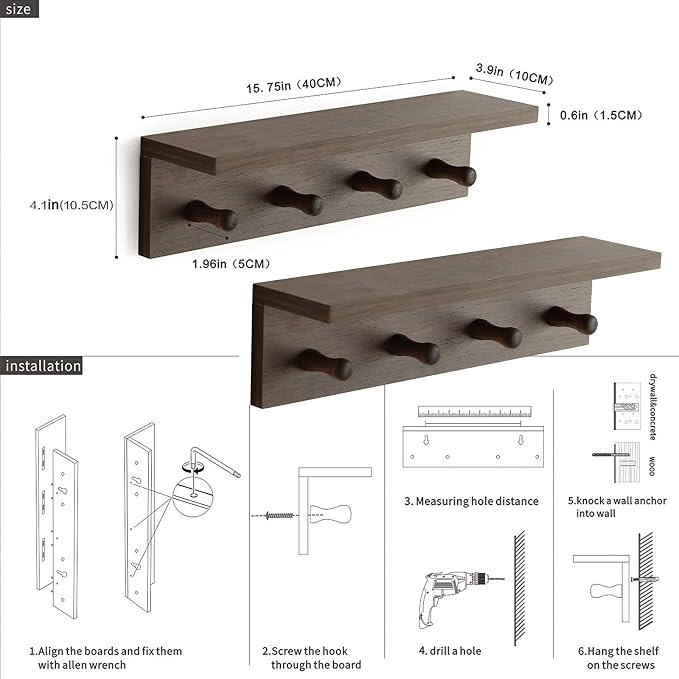 Entryway Coat Rack Hooks with Shelf, Sturdy Wooden Floating WallOrganizer Shelf with 4 Hooks siutable for Entrance, Mudroom, Kitchen, Bathroom,.etc(2pc-Walnut Finish)