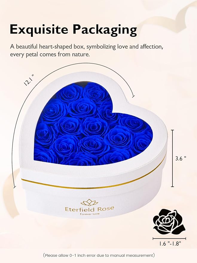 Eterfield 16 Forever Flowers in Heart Shape Box, Preserved Roses That Last a Year Preserved Flowers Birthday Gifts for Her Mom Women Wife Anniversary Valentines Day Mothers Day Christmas, Royal Blue
