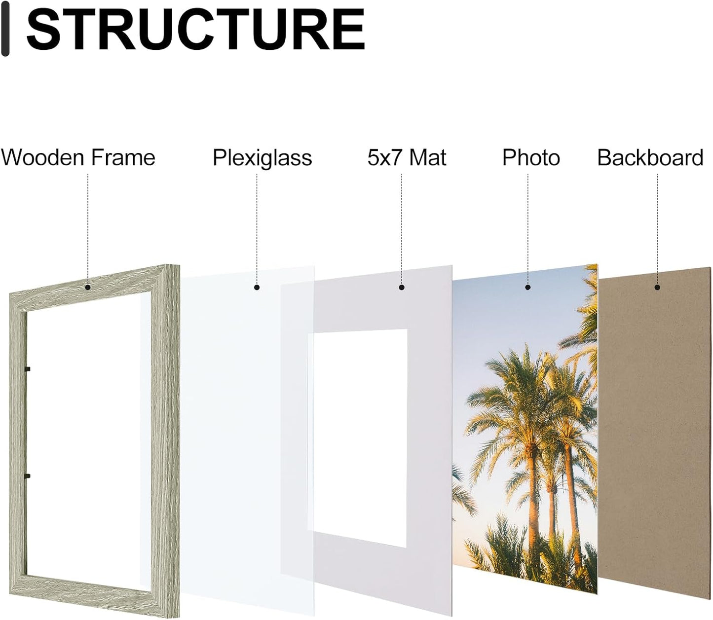 Vittanly 8x10 Picture Frames Set of 9, Shatter Resistant Plexiglass, Display 5x7 Pictures with Mat or 8x10 without Mat, Photo Frames for Wall or Tabletop, Engineered Wood, Driftwood