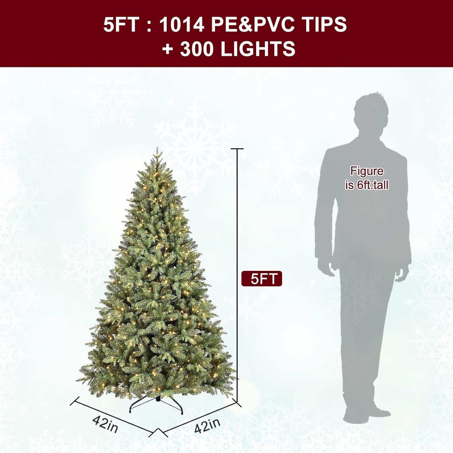 5FT Pre-Lit Artificial Christmas Tree with 1032 PE&PVC Mixed Branch Tips, 300 Warm White Lights, Hinged Premium Spruce Fake Xmas Trees, Green, Foldable Base