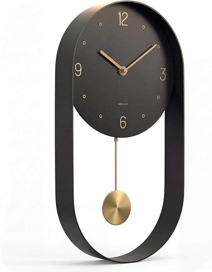 Driini Modern Pendulum Wall Clock - Black and Gold Decorative Wall Clock with Pendulum - Modern Minimalist Metal Wall Clock for Living Room Décor - Silent Battery Operated Wall Clock