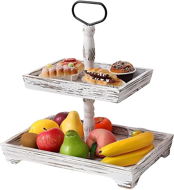 Farmhouse 2 Tiered Tray Stand for Home Decor, Wooden Serving Tiered Tray for Coffee Bar Table Centerpiece, Decorative Trays Kit for Countryside, Round Rustic Stand for Cake Cupcake (Washing White)