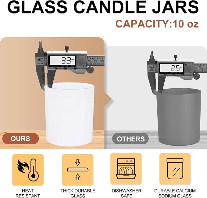 SHOWIN 10 OZ Thick Candle Jars for Making Candles 15 Pcs, Empty Jars with Wood Lids for Candle Making, Sample Container, Glossy White