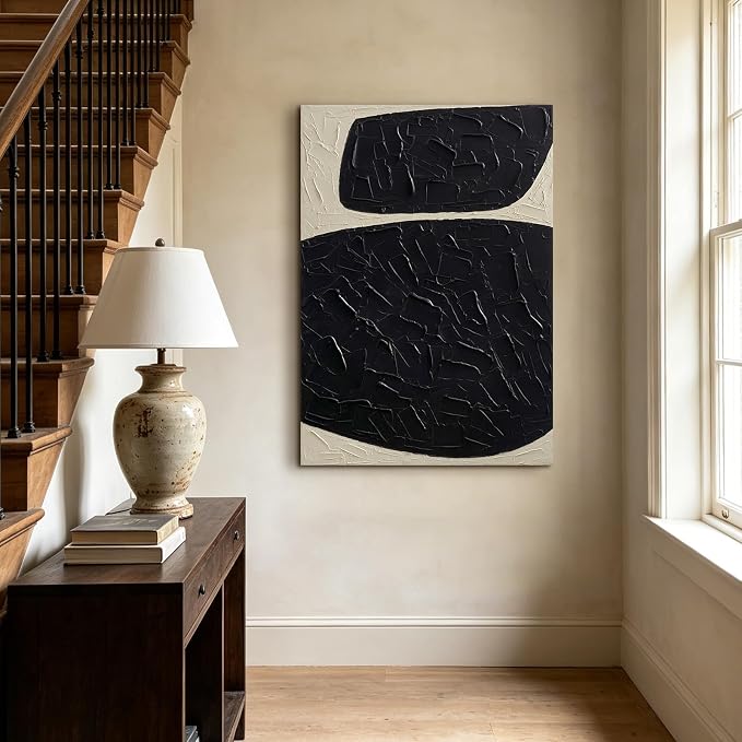 Large Modern Black Abstract Wall Art, Thick‑Texture Oil Painting Wall Decor | 28x40 In Minimalist Hand‑Painted Canvas Artwork for Living Room Bedroom Office, Original Neutral Vertical Wall Art Home Decor