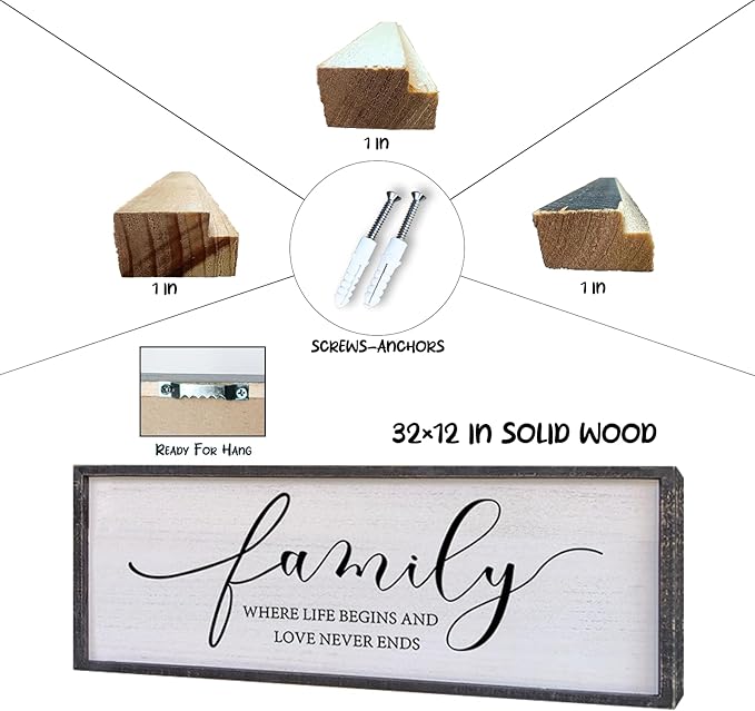 Surfapans Family Where Life Begins Love Never Ends Wall Decor 32"x12" Living Room Hallway Entryway Vintage Large Farmhouse Inspirational Quotes Motto Sign Wood Framed Hanging Home Wall Art (Black)