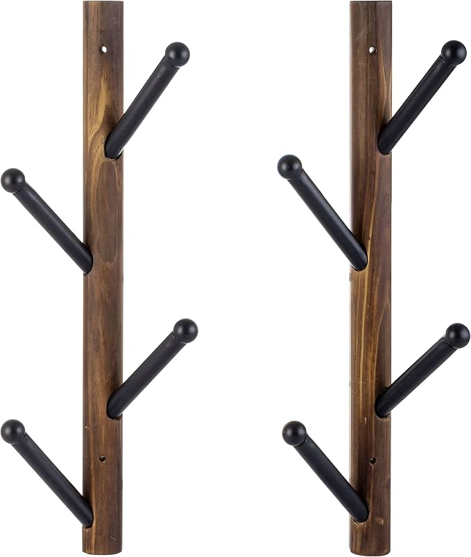 MyGift 4 Hook Wall Mounted Rustic Brown Solid Wood and Black Metal Hat Coat Hanger Tree, Vertical Entryway Hanging Garment Rack with Branch Style Hooks, Set of 2