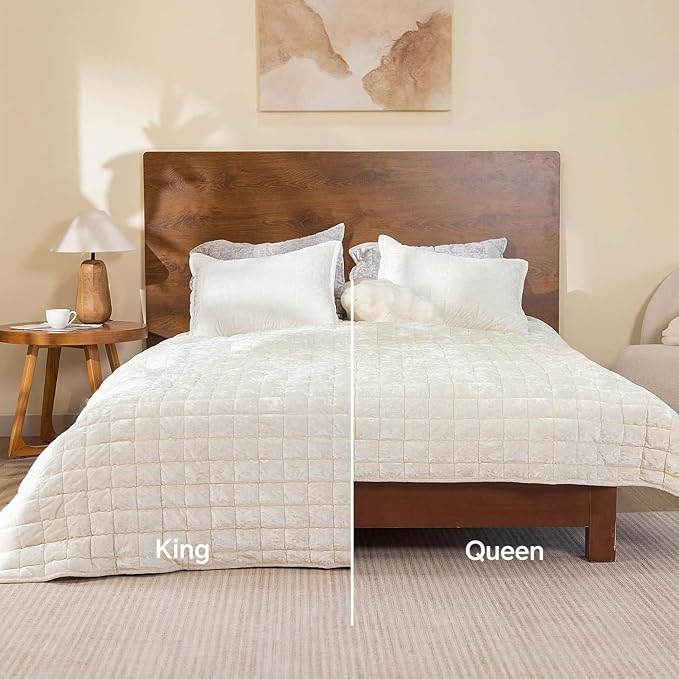 BEDELITE Velvet Quilt Set Queen Size - Luxury Soft Velvet Comforter Bedding Set for All Season, Lightweight Quilted Box Stitch Oversized Bedspread Coverlet with 2 Matching Shams, Shiny Cream White