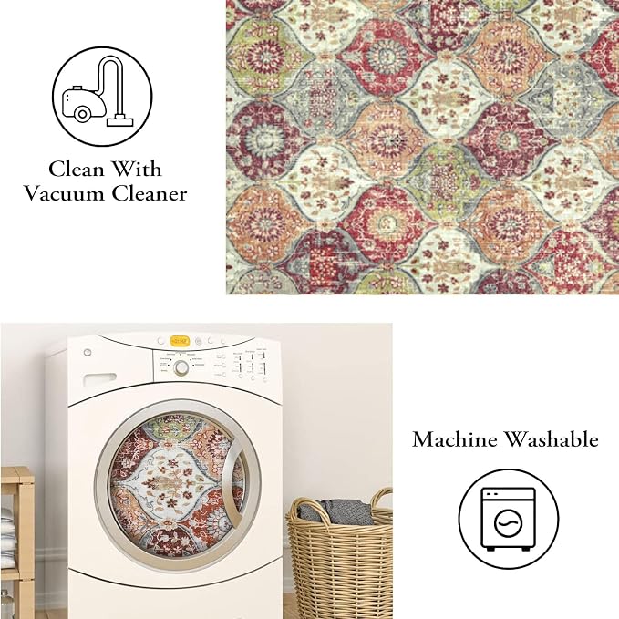Lahome Moroccan Machine Washable Rugs for Living Room, 4x6 Rug for Bedroom Non-Slip Vintage Trellis Ultra-Thin Throw Carpet for Dining Room Office Nursery Elise, Orange/Terracotta