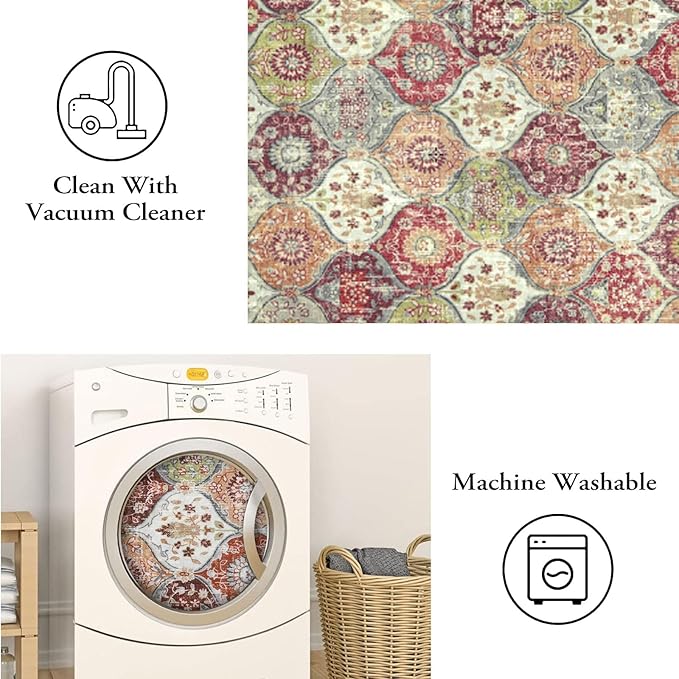 Lahome Moroccan Trellis Washable Round Area Rug, Round Rug 5ft Soft Non-Slip, Non-Shedding Distressed Circle Carpet for Bedroom Living Room Bathroom Nursery Elise, Orange/Terracotta