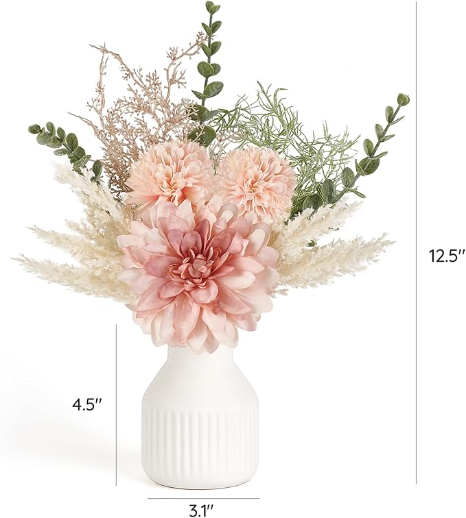 Mkono Small Artificial Flowers in Ceramic Vase 12.5" Centerpieces Coffee Table Decor, Silk Flower Arrangements for Home Decor Indoor Fake Flower Bouquet for Bathroom Dining Room Kitchen Wedding Pink
