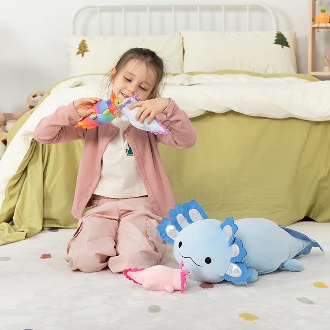 MaoGoLan Giant Axolotl Plush with 3 Baby Axolotl Inside - 23.5" Soft Stuffed Animal Throw Pillow - Blue
