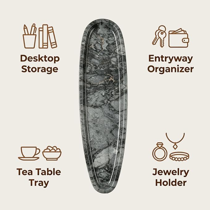 Natural Marble Vanity Tray, 16.6"x4.6" Grey Real Stone Decorative Tray for Bathroom Countertop & Home Decor, Catchall Organizer for Jewelry, Candles, Cosmetics & Perfume（Grey）