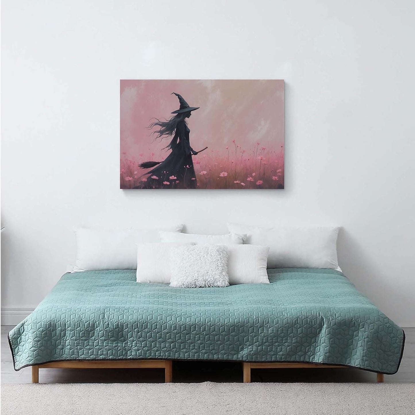 Witch in the pink sea of flowers Halloween prints weird flowers wall art silhouette painting fashionable romantic decoration suitable for bedroom12x16in Wood Framed