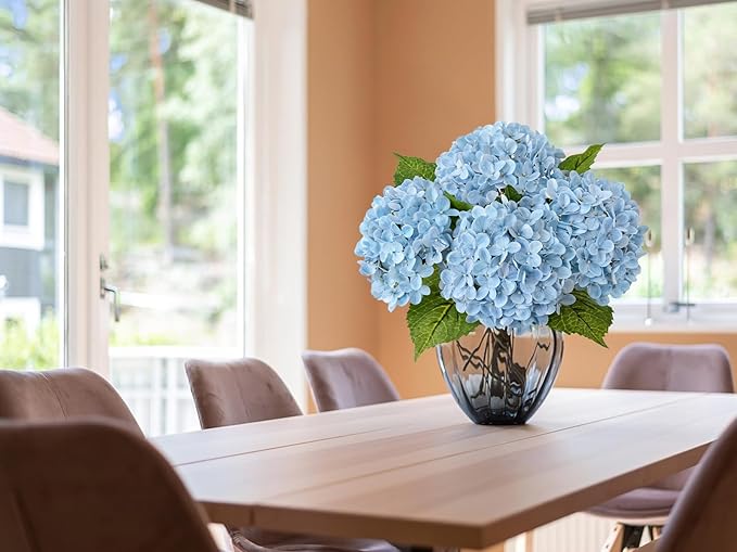 ZYTUYO 20 inches 4 Pcs Sky Blue Real Touch Hydrangea Artificial Flowers Boho Lifelike Real Looking Latex Hydrangeas Flower with Long Stem for Home Decor Spring Table Centrepiece