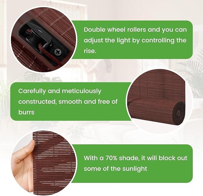 Bamboo Blinds Easy to Install Bamboo Shades for Indoor Windows Custom Sizes Roller Shades for Indoor Windows Roll Up Blinds Indoor Outdoor Patio, 71" W x 59" H
