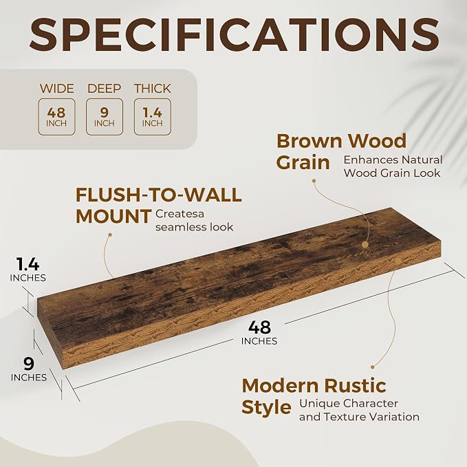 Dreamland 48Inch Floating Shelves for Wall 9.3" Deep Rustic Brown Set of 2 | Wall shelves for bathroom, bedroom, kitchen, deep wall mount wood storage display for home decor 48" x 9.3"