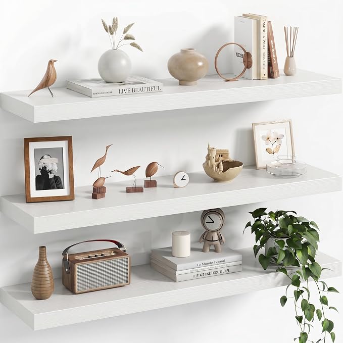 Fun Memories 32Inch Floating Shelves for Wall, 8 Inch Deep Shelves for Bathroom|Bedroom|Kitchen Wall Mounted, Wood Hanging Shelf with Invisible Brackets for Home Storage Decor, White - 3 Pack