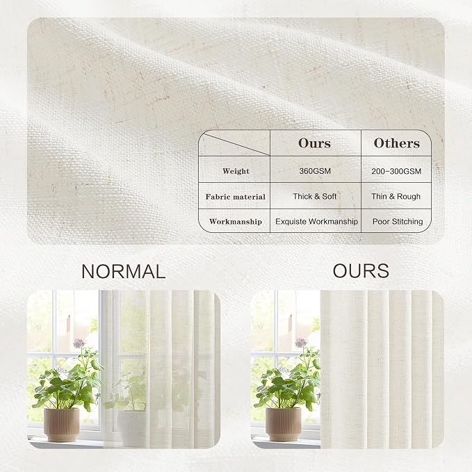 Extra Wide Pinch Pleated Linen Curtains for Living Room Sliding Glass Door 90 Inch Long, Beige White Light Filtering Curtain Textured Thick Pleat Semi-Sheer Drapes with Hooks 70 Inch Width, 1 Panel