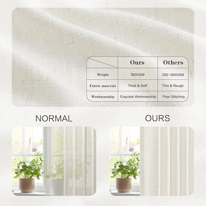 Pinch Pleated Linen Curtains 96 Inches Long for Living Room, Beige White Light Filtering Pleat Drapes Textured Thick Floor to Ceiling Semi-Sheer Curtain with Hooks for Bedroom Farmhouse, 2 Panels
