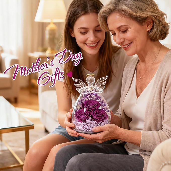 Gifts for Women Mom Preserved Rose Forever Flower Eternal Roses in Glass Angel Figurines Fresh Flowers for Delivery Prime Mothers Day Birthday Gift for Her Wife Grandma on Valentines Day Anniversary