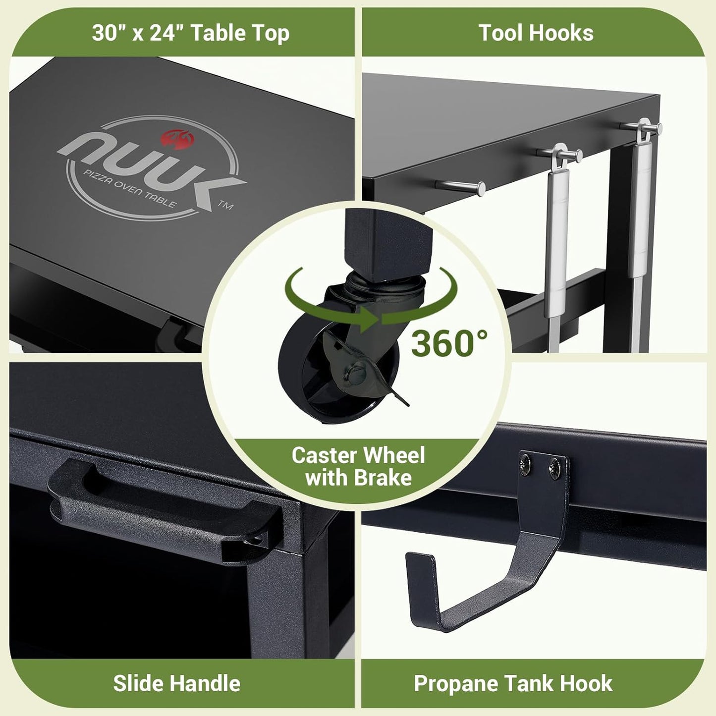 NUUK Outdoor Grill Prep Table 24"x30" Metal Grill Cart Outside 3-Layer Pizza Oven Table Movable with Universal Wheels for BBQ Backyard Patio
