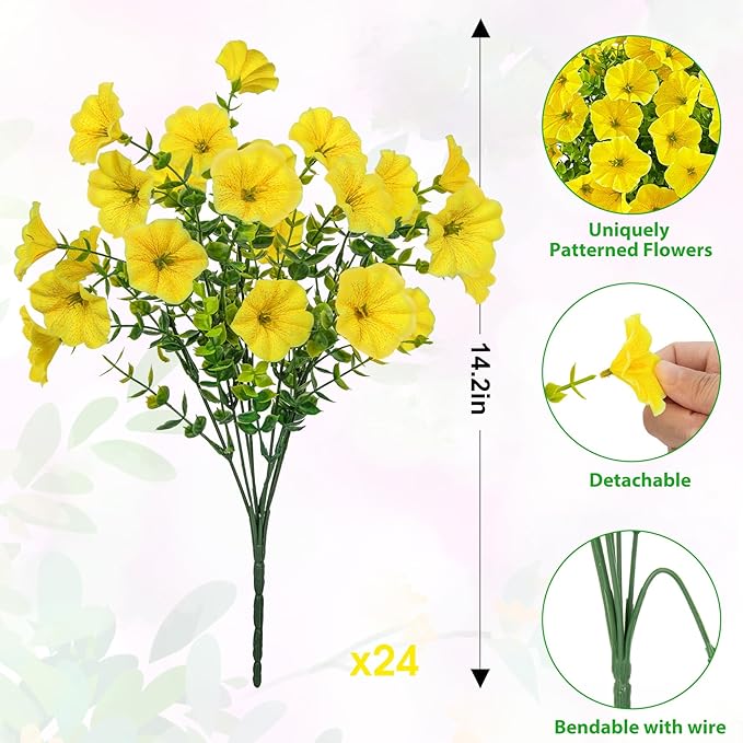Ouddy Decor 24 Bundles Artificial Flowers for Outdoors, Fake Petunias Flowers Silk Morning Glory with Eucalyptus Faux Plants for Indoor Outside Spring Summer Yard Garden Porch Home Decor, Yellow