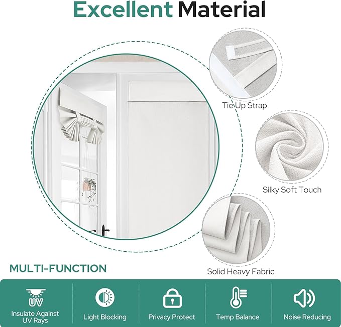 HOMEIDEAS 100% White Linen Blackout French Door Curtains, Privacy Door Window Curtains, 26 X 72 Inch Room Darkening Blinds, Thermal Insulated Shades for Bedroom, 1 Panel