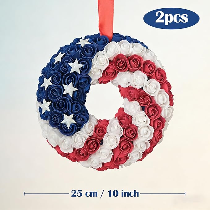Idyllic 2 Pcs Patriotic Wreaths, 10 Inch 4th of July Decorations with Red White Blue Roses & Stars - Independence Day Wreaths for Front Door, Double Pack Holiday Decor