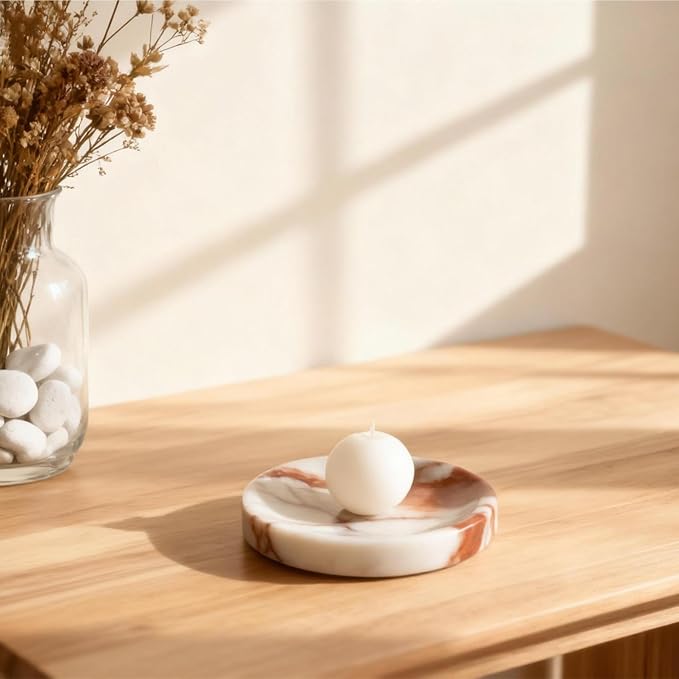 ZSHAWN Red Calacatta Viola Marble Jewelry Dish 4”, Small Trinket Tray for Rings Earrings Bracelets, Round Marble Soap Dish for Bathroom & Vanity, Decorative Catchall Dish for Home & Tabletop