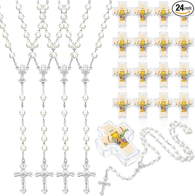 Cunno 24 Set First Holy Communion Bead Rosary Cross Necklace for Baptism First Communion Gifts Scented with Cross Shape Box for Guest Catholic Religious Rosary Baptism Party Primera Comunión (White)