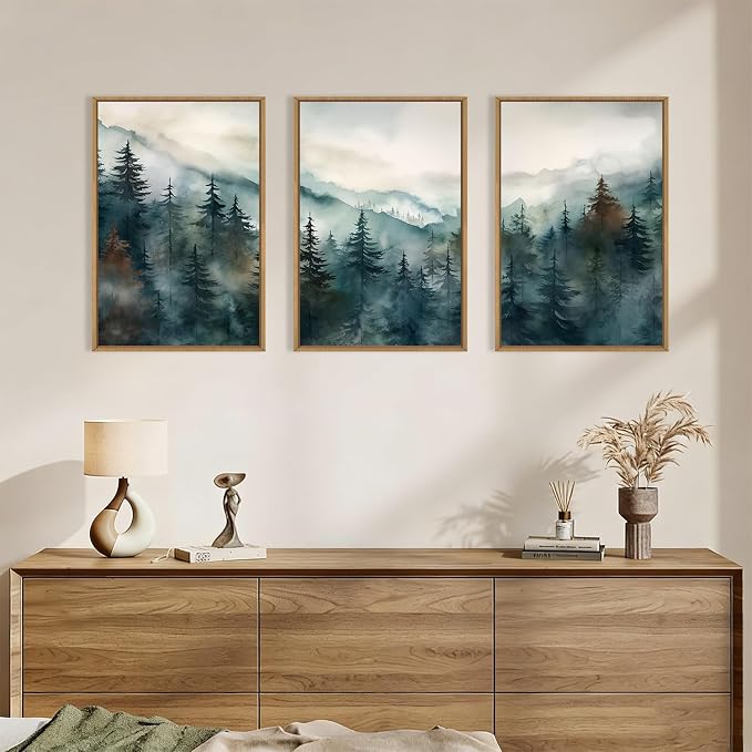 KAIRNE Watercolor Misty Forest Framed Canvas Wall Art Set, Nature Landscape Wall Decor, Foggy Mountain Pine Trees Wall Painting, Jungle Scenery Artwork for Living Room, Bedroom, Office-24 x36 x3