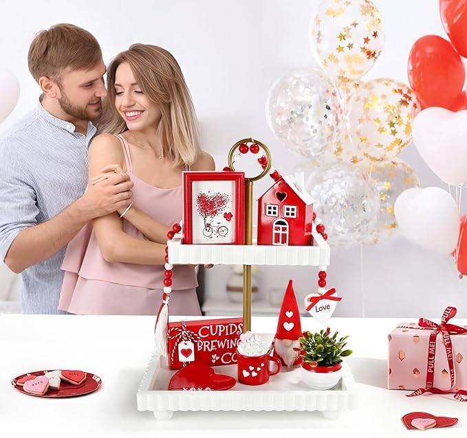 Valentine's Day Decorations 8 PCS Tiered Tray Decor Set, Cute Tabletop Valentine Décor for Home Office Shelf Mantel Coffee Bar Romantic Table Centerpieces Tray Objects Decoration Set