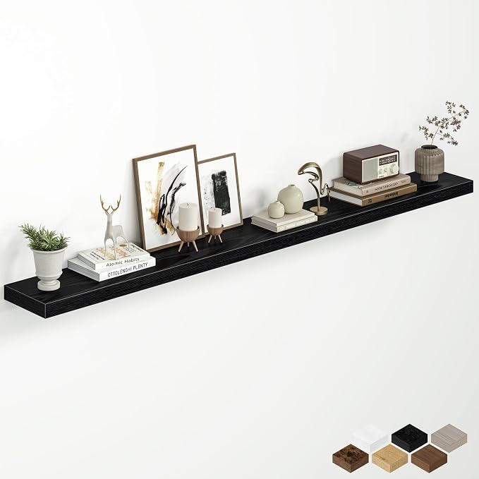 Fun Memories 67 Inch Floating Shelves for Wall, 8 Inch Deep Wall Mounted Wood Shelves with Invisible Brackets for Bathroom, Bedroom & Kitchen Storage Decor, Black, 1 Pack