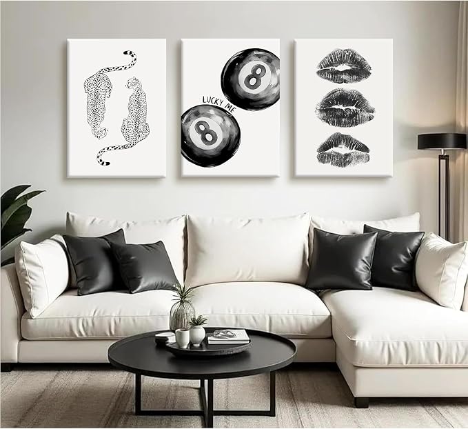 Trendy Leopard Wall Art Cheetah Canvas Prints Black 8 Ball Wall Decor Preppy Aesthetic Poster Lucky Leopard Pictures Funky Painting Retro Kiss Artwork for Bedroom Living Room 16x24 Inch Ready to Hang