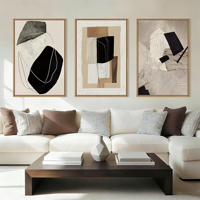 DRACIT Large Abstract Neutral Framed Canvas Wall Art Set,Modern Beige Black Artwork for Walls,Minimalist Block Wall Decor for Living Room, Bedroom,Office-24 x36 x3