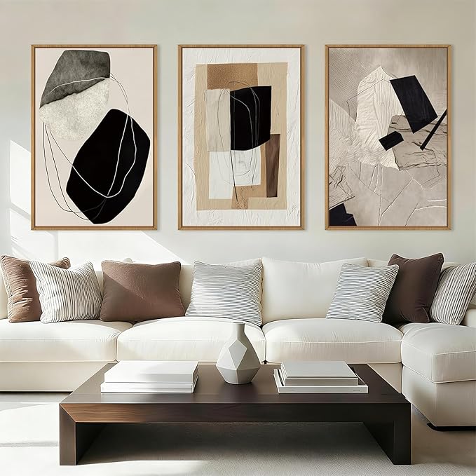 DRACIT Large Abstract Neutral Framed Canvas Wall Art Set,Modern Beige Black Artwork for Walls,Minimalist Block Wall Decor for Living Room, Bedroom,Office-16 x24 x3