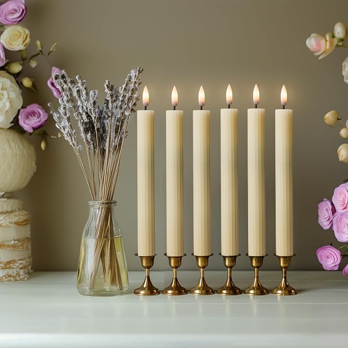 12 Pack, 10" LED Flameless Ivory Fluted Ribbed Grooved Taper Candles with 2 Remotes & 24h Timer Memory, On/Off Button, Dimmable, Flicker Mode, Battery Operated, Christmas Menorah Wedding