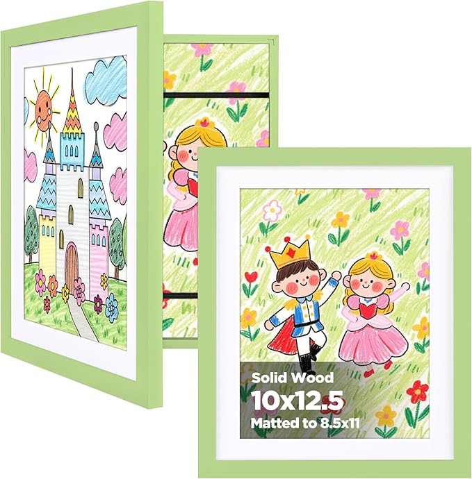 KINLINK 10x12.5 Kids Art Frame Set of 2, Solid Wood Kids Artwork Frames Changeable with Front Opening Hold 150 Pictures, Art Frames for Kids Art with Mat，without Mat 10x12.5 Picture Frame Light Green