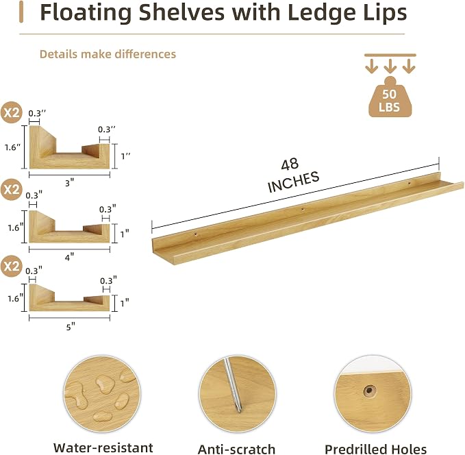 Acovy Floating Shelves Set of 6, 48 Inch Wall Mounted Picture Ledge Shelf with Lip, Oak Display Shelves for Living Room, Bedroom, Nursery, Bathroom & Kitchen