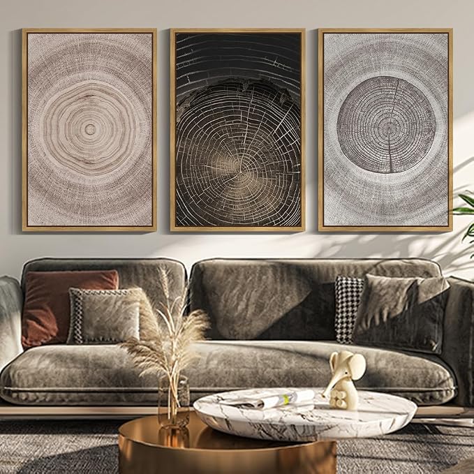 PHOPAGO Vintage Wood Tree Rings Wall Art 24x36in Farmhouse Rustic Framed Canvas Paintings Living Room Bedroom Decor Nature Artwork Natural Framed