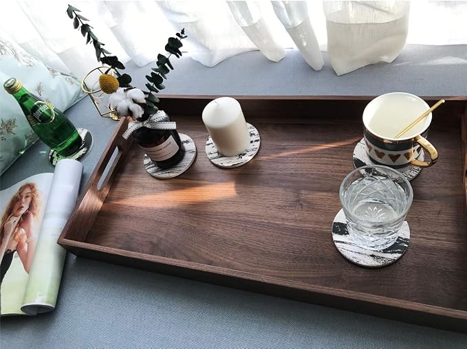 22 x 14 Inches Large Rectangle Black Walnut Wood Ottoman Tray with Handles, Serve Tea, Coffee, Classic Wooden Decorative Serving Tray